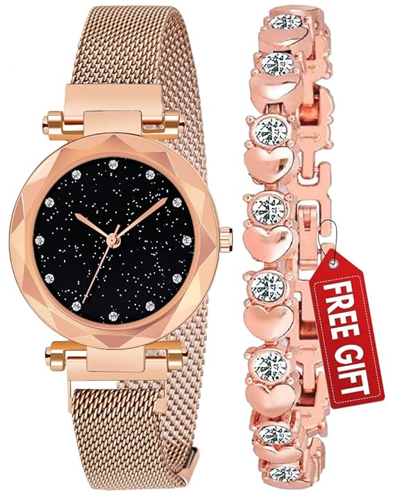 Women’s Rose-Gold Magnetic Watch with Matching Bracelet – Elegant Gift Box Set for Her