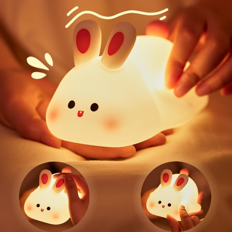 Cute Rabbit Night Lamp – Rechargeable Soft Silicone LED Bedside Light for Kids and Home Décor
