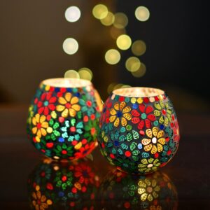 Homesake mosaic glass tealight candle holders with floral design, pack of 2 for Diwali home decor