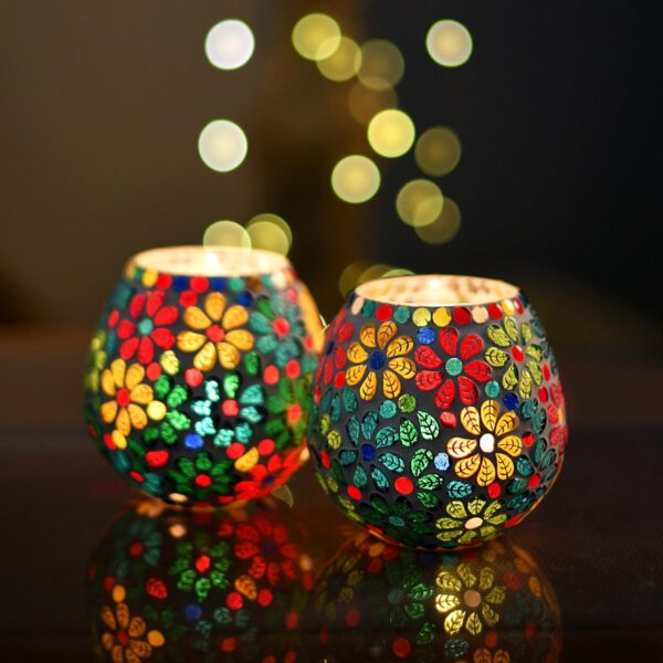 Homesake mosaic glass tealight candle holders with floral design, pack of 2 for Diwali home decor