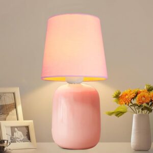 Ceramic table lamp with pink fabric shade – modern farmhouse nightstand light