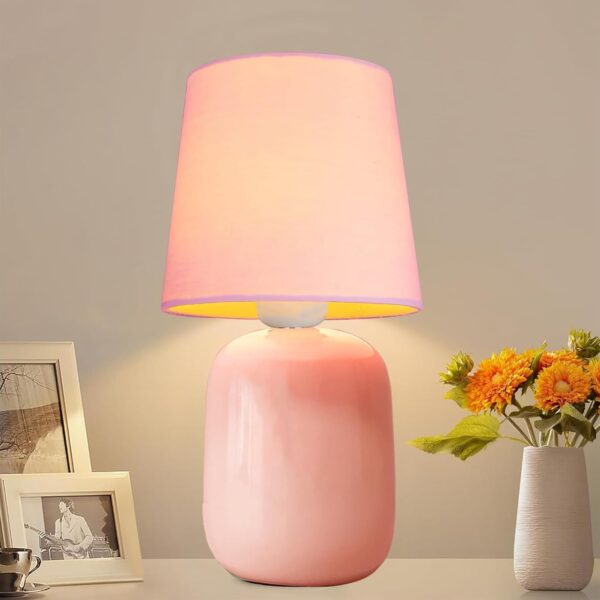 Ceramic table lamp with pink fabric shade – modern farmhouse nightstand light