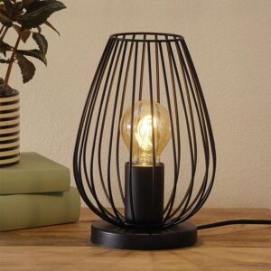 Black metal cage table lamp with vintage rugby-shaped design and E27 holder