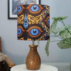 Front view of Homesake Dovel Pot modern table lamp with wooden base and fabric shade