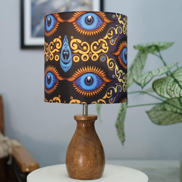 Front view of Homesake Dovel Pot modern table lamp with wooden base and fabric shade