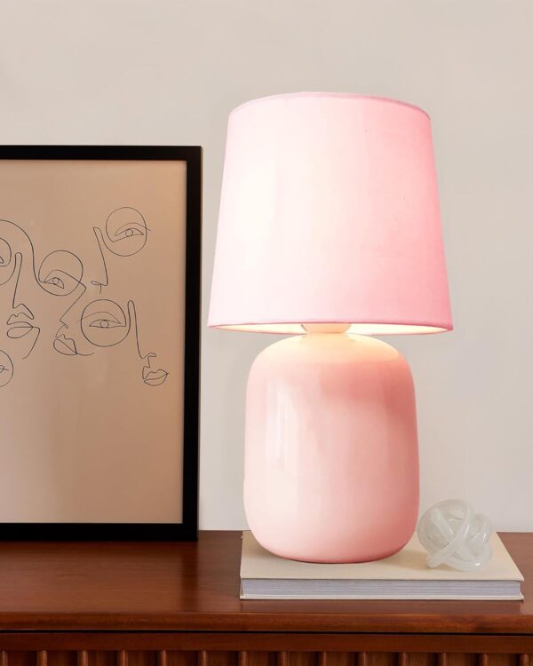 Elegant Ceramic Table Lamp – Pink Fabric Shade Nightstand Lamp for Bedroom & Living Room - Image 2
