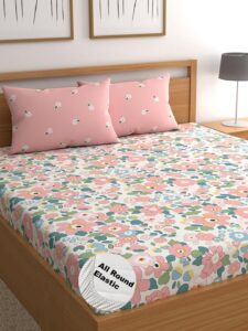 Soft & Luxurious 300 TC Glace Cotton Fitted Bedsheet – King Size, Pink Floral Design