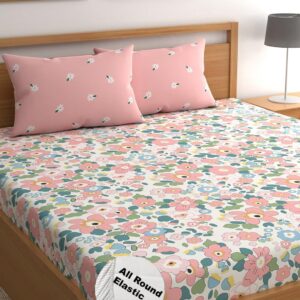 Soft & Luxurious 300 TC Glace Cotton Fitted Bedsheet – King Size, Pink Floral Design