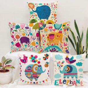 Elephant cartoon cushion covers set of 5 blue cotton 16x16 inches