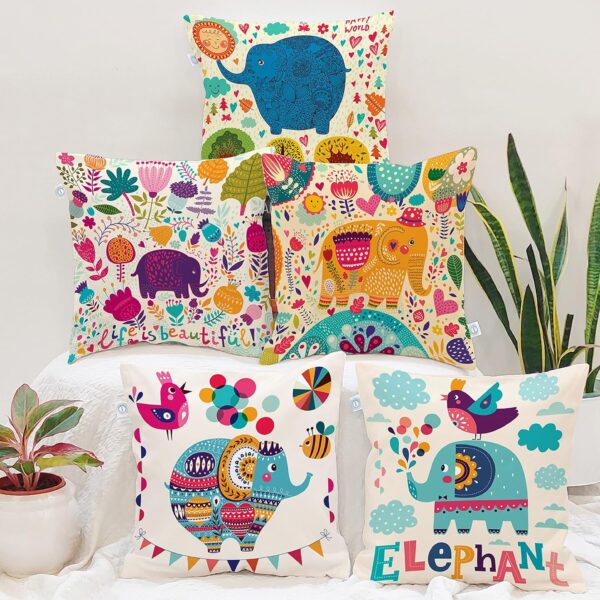 Elephant cartoon cushion covers set of 5 blue cotton 16x16 inches