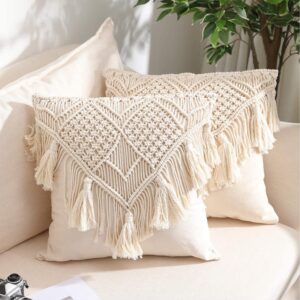 Handmade macrame cushion cover 16x16 inch off-white boho abstract pattern