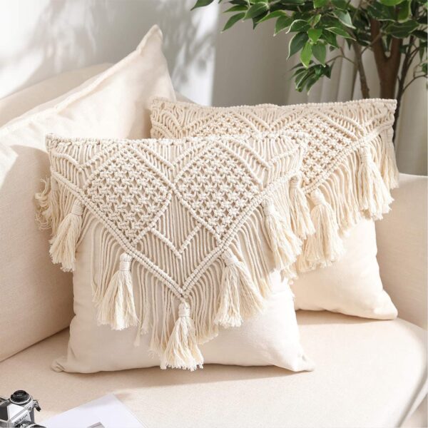 Handmade macrame cushion cover 16x16 inch off-white boho abstract pattern