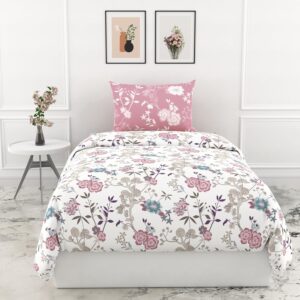 100% Pure Cotton Single Bed Sheet with Blush Pink & Teal Blooms Design