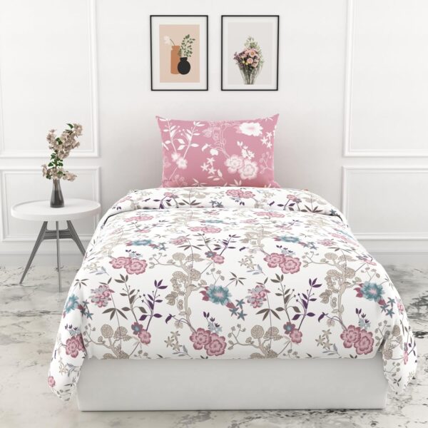 100% Pure Cotton Single Bed Sheet with Blush Pink & Teal Blooms Design