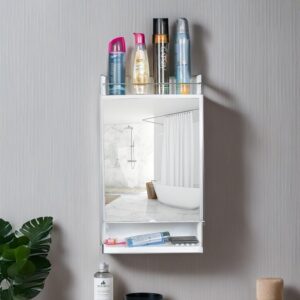 Wall-mounted bathroom mirror with built-in storage shelf in plastic or acrylic under ₹1000.