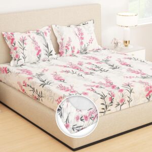 210 TC Cotton Feel Fitted Bedsheet for King Size Bed in Candy Floral Pink with Elastic