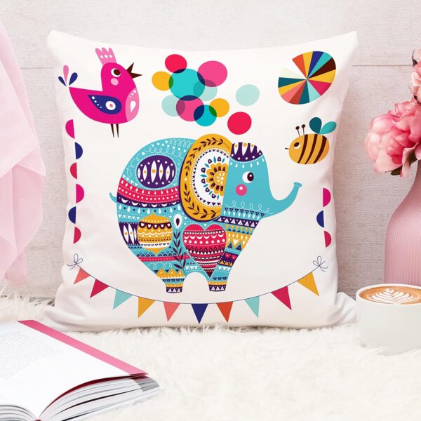 Elephant Cartoon Cushion Covers - Set of 5 (16x16 Inches) - Image 3