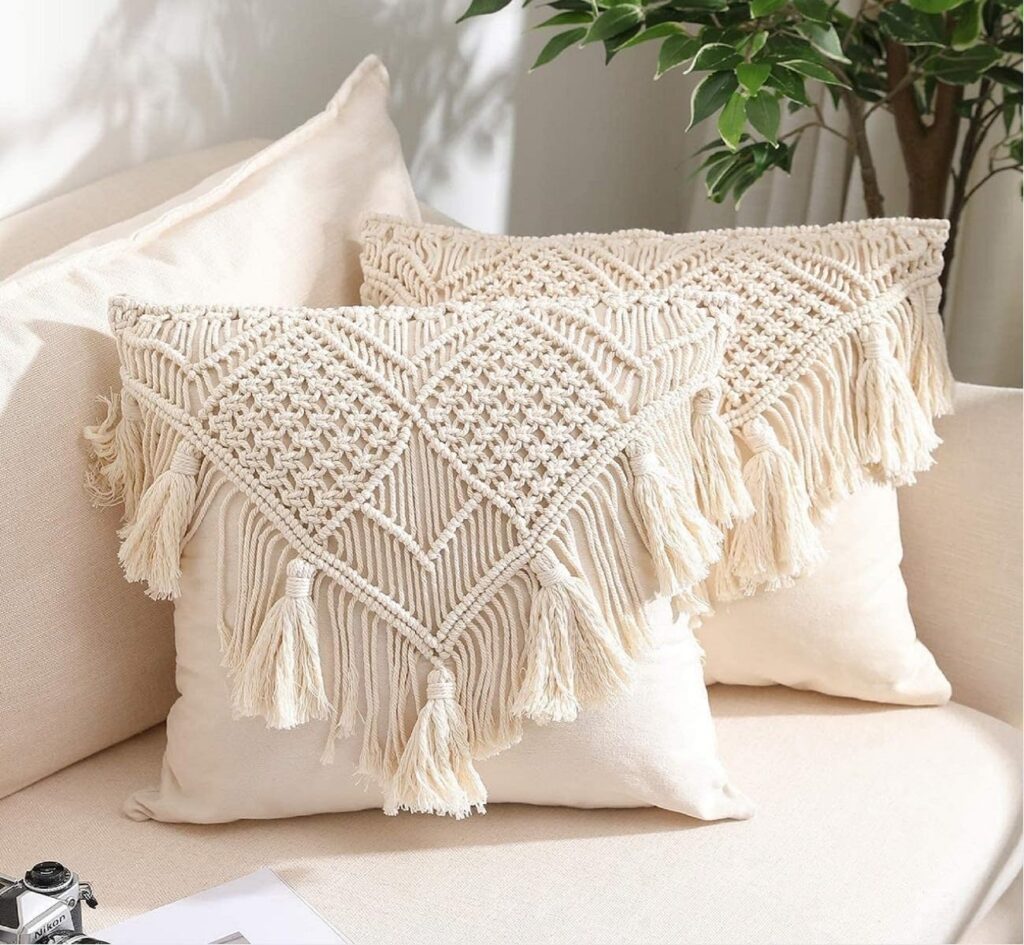 Boho macramé style cushion covers under ₹1000 – textured neutral-toned pillows for rustic and modern home decor