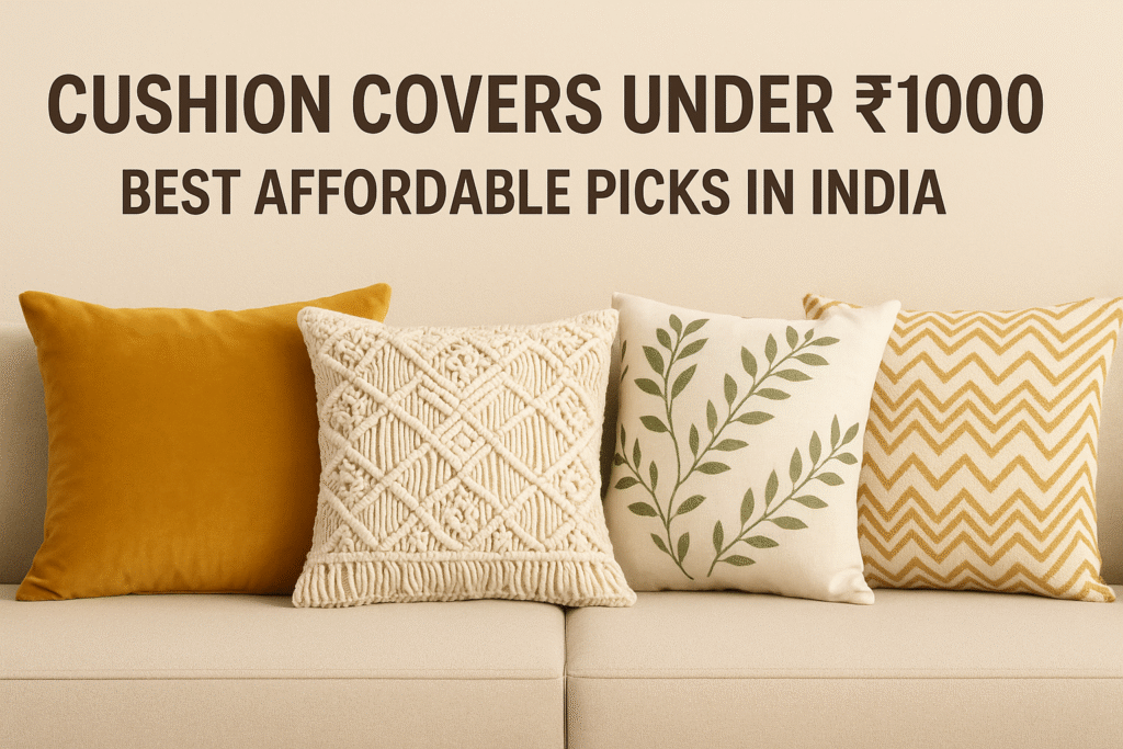 Cushion covers under ₹1000 in India – velvet, macramé, botanical and chevron designs on a beige sofa