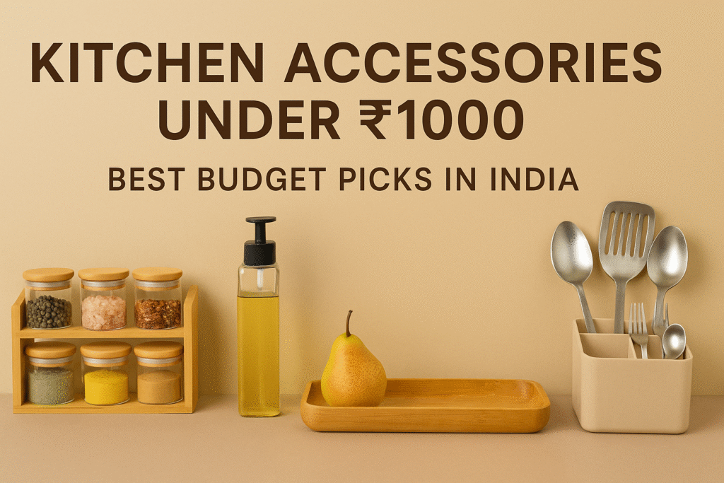 Kitchen accessories under ₹1000 in India including spice rack, oil dispenser, cutlery organizer