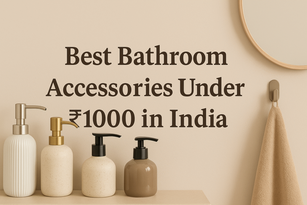 Multiple stylish soap dispensers and bathroom accessories under ₹1000 in India on a beige background.