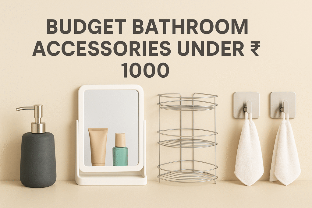 Budget bathroom accessories under ₹1000 including soap dispenser, mirror with shelf, corner rack, and towel hooks on beige background.