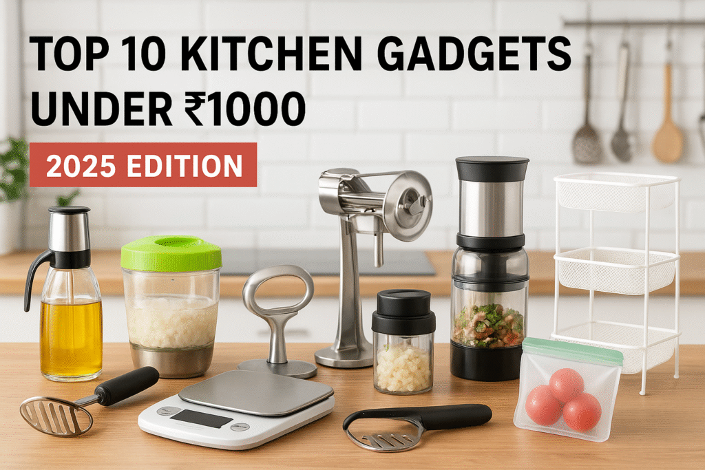 Affordable kitchen gadgets under 1000 rupees including oil sprayer, chopper, weighing scale, masher, and storage rack displayed on a wooden countertop