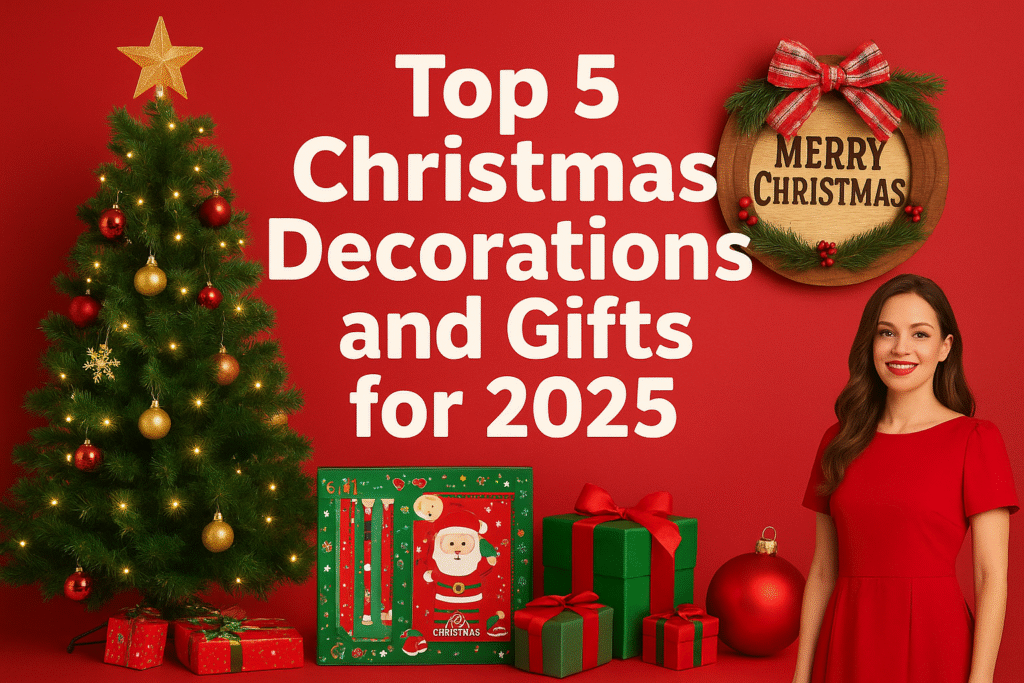 Festive Christmas scene with decorated tree, gifts, wreath, and woman in red dress beside the title “Top 5 Christmas Decorations and Gifts for 2025