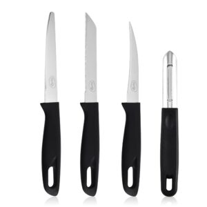 4-piece stainless steel kitchen knife set with black ergonomic handles.