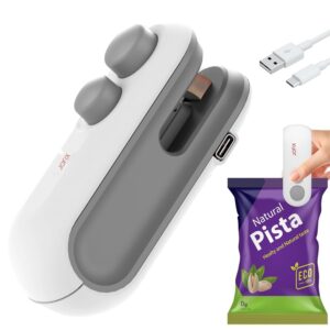 Portable 2-in-1 mini bag sealer with USB-C charging for sealing and cutting snack bags.