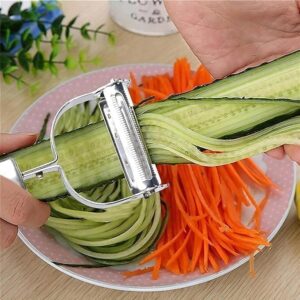 Stainless steel 2-in-1 julienne and vegetable peeler for slicing fruits and vegetables.
