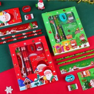 AMANVANI Christmas-themed kids stationery gift set including pencil, eraser, ruler, diary, and sharpener.