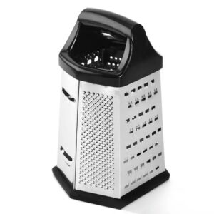 Six-sided stainless steel grater for slicing, shredding, and chopping vegetables.