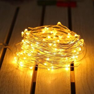 Lexton 10-meter warm white copper wire string lights glowing softly, USB-powered.
