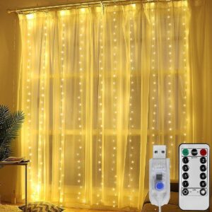 MIRADH 300 LED fairy curtain lights with USB power and remote control, hanging in a decorative curtain pattern.