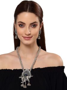 shining diva oxidised silver traditional necklace jewellery set for women