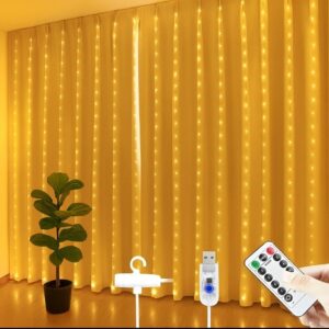 Warm white USB-powered fairy curtain lights with 300 LEDs and 8 modes for wall and backdrop decoration