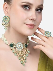 zaveri pearls turquoise blue and green meenakari waterfall beads necklace earring set for women