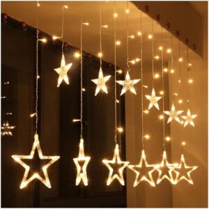 One94Store star curtain LED string lights with 138 warm white LEDs hanging in a decorative pattern.