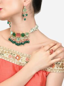 zaveri pearls multicolor stones and beads kundan multistrand choker necklace earring and ring set