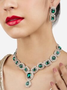zaveri pearls green stones and austrian diamonds embellished necklace and earring set for women
