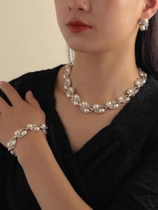 shining diva fancy pearl bracelet earrings and necklace jewellery set for women