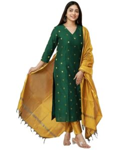 Silk cotton 3-piece kurta pant dupatta set for women by GoSriKi