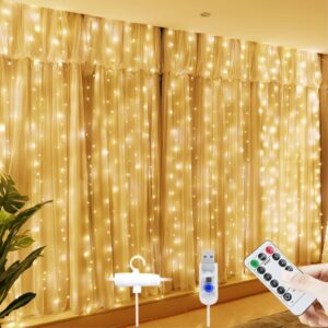 FLYNGO warm white USB 300 LED curtain lights with 8 flash modes for home and festival décor