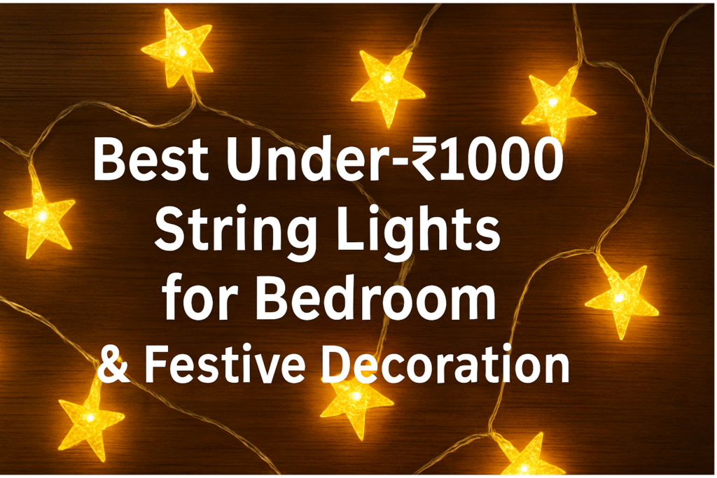 Best under ₹1000 string lights for bedroom and festive decoration – warm yellow LED fairy lights on wooden surface.
