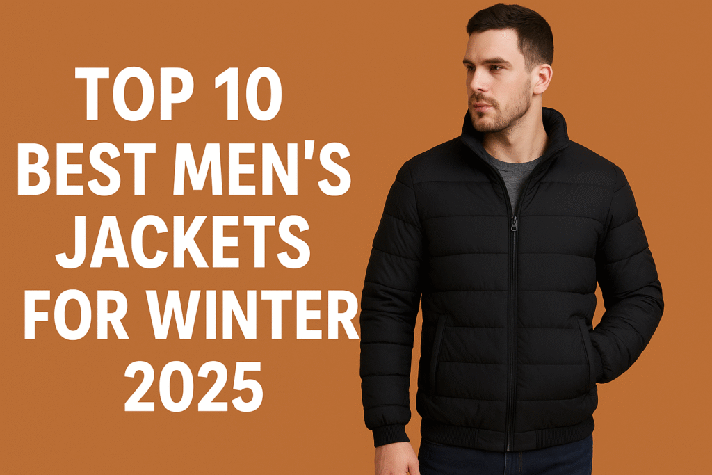 Top 10 Best Men’s Jackets for Winter 2025 – stylish man wearing black puffer jacket on a warm brown background