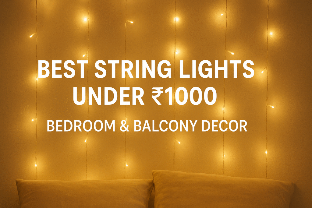 Warm yellow string lights hanging on a wall with centered text saying ‘Best String Lights Under ₹1000 – Bedroom & Balcony Decor’.