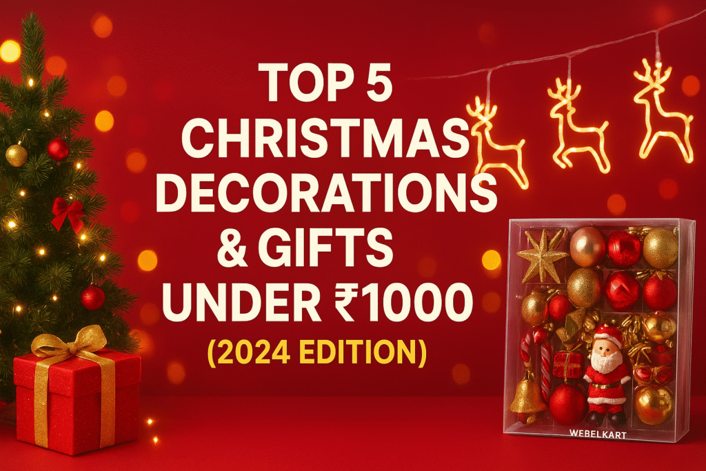 Festive Christmas decorations under 1000 including LED reindeer lights, decorated tree, gift box, and ornaments – 2024 holiday gift ideas