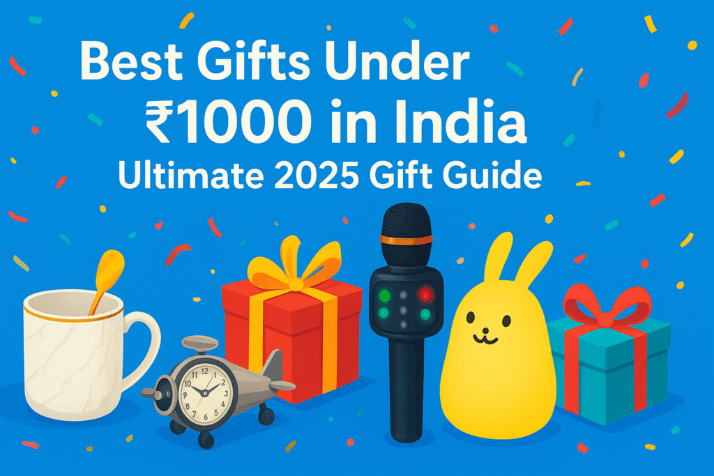 Best Gifts Under ₹1000 in India (Ultimate 2025 Gift Guide) – Fun and Colorful Gift Ideas Illustration