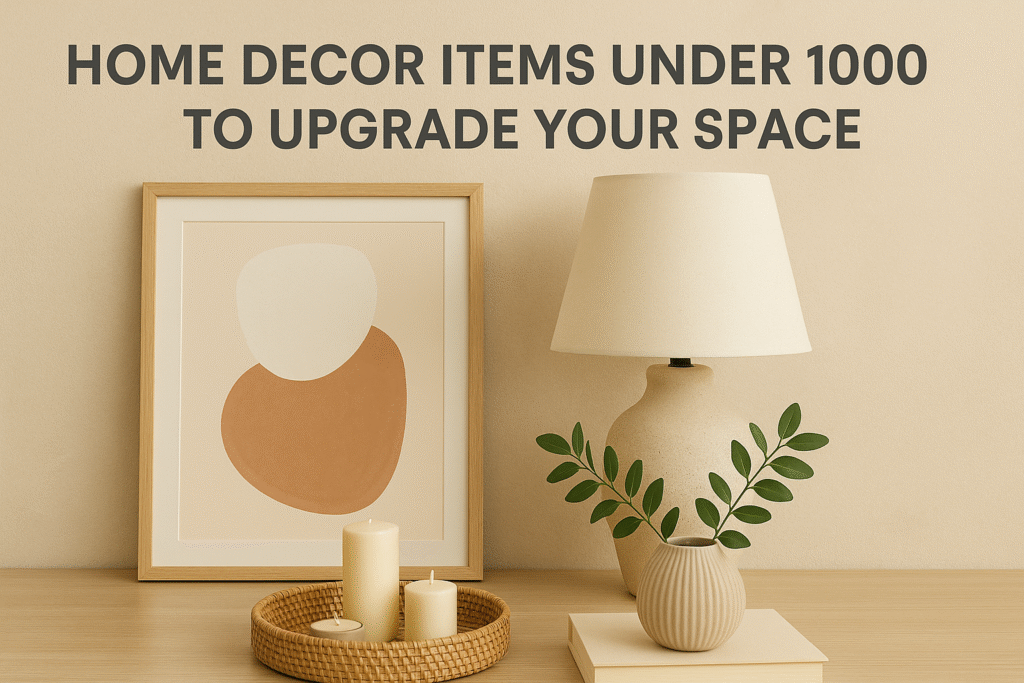 Home décor items under ₹1000 including candle holder, wall art, and vases for stylish Indian homes